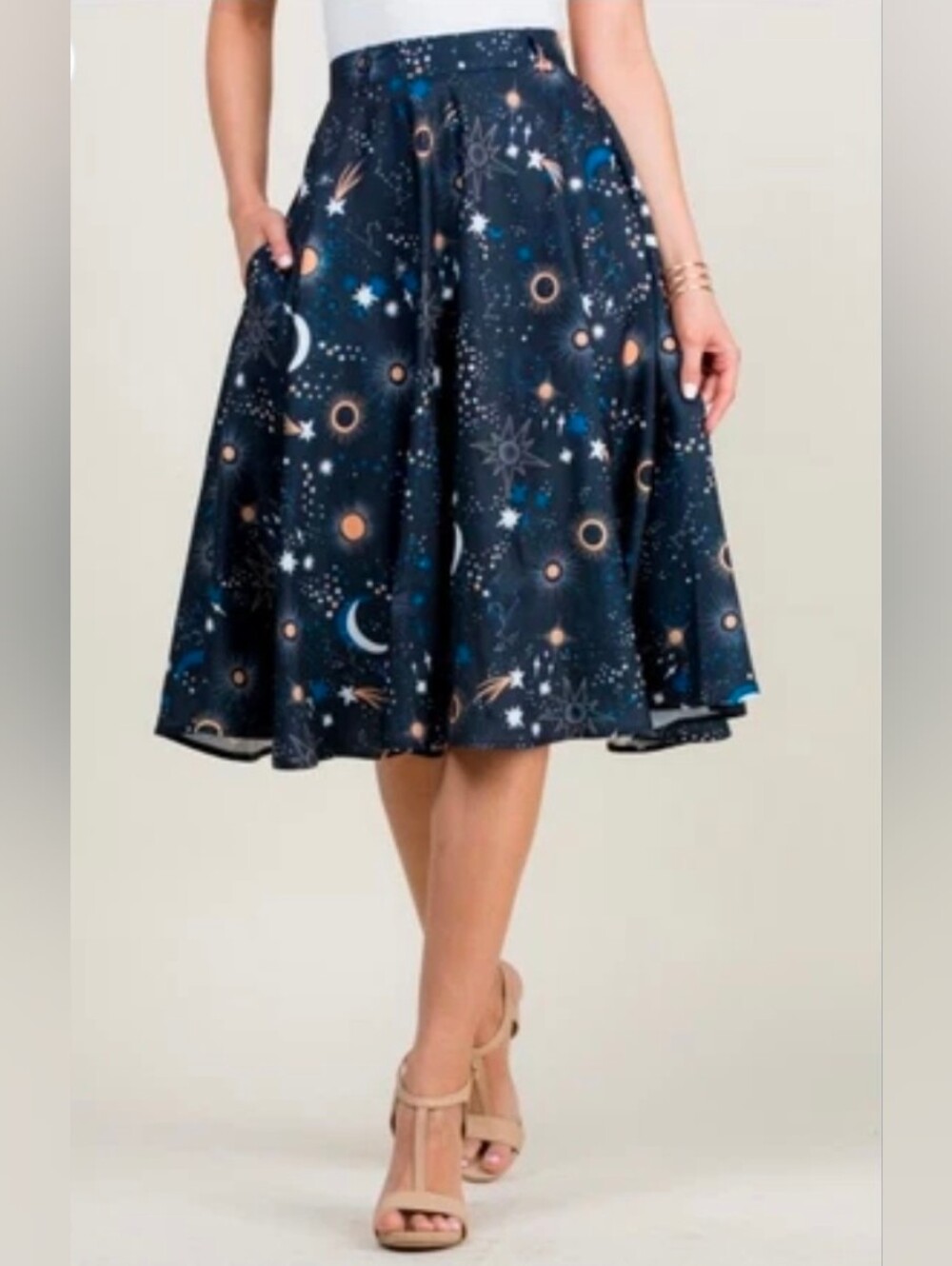 L.A Soul Galaxy print skirt, pockets, fitted waist with beltloops, button waist